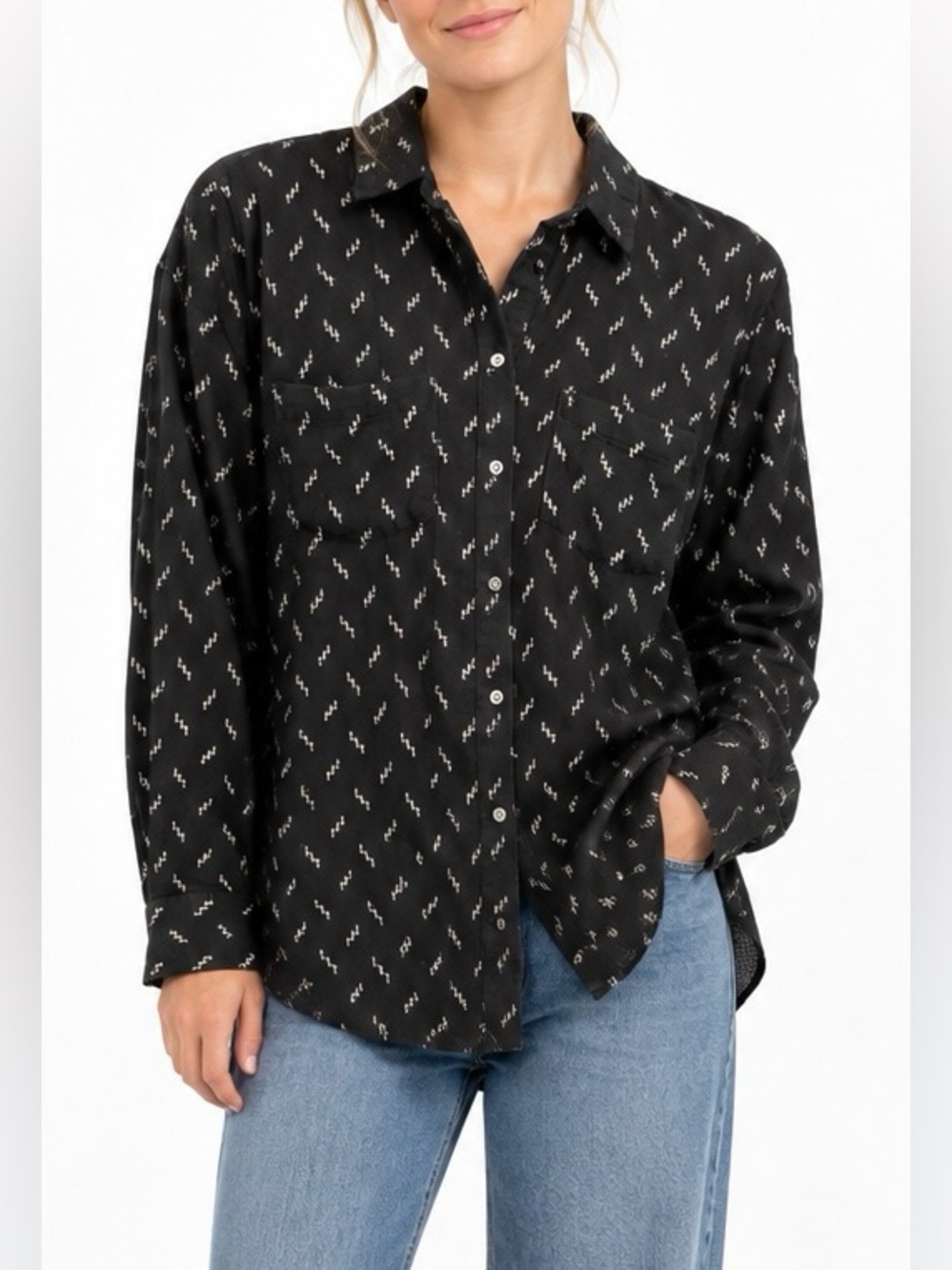 Madewell Ex-Boyfriend Button Down Shirt Black Zigzag Ikat Small Indie Sleaze